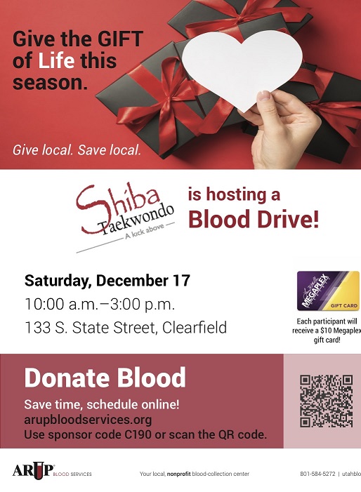 Shiba Taekwondo December 17th 2022 blood donation drive with ARUP blood services